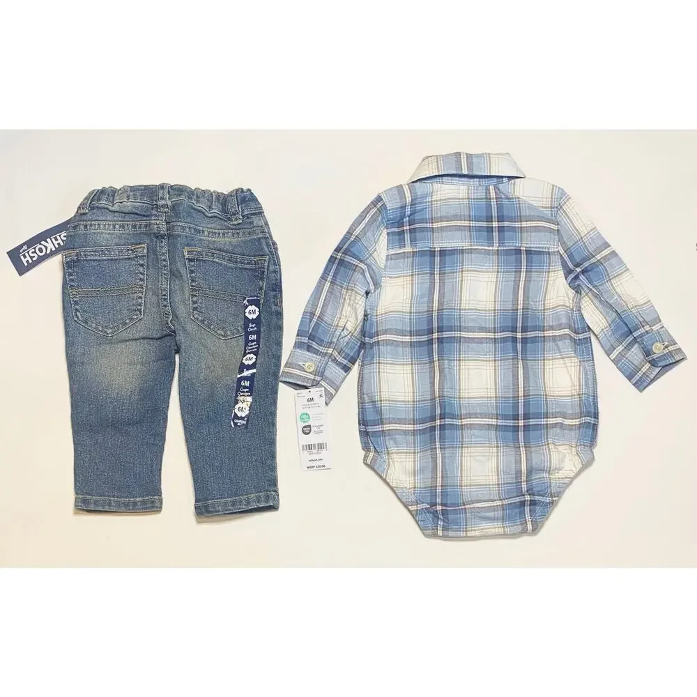 NWT OshKosh B’gosh Boys Plaid Long Sleeve Onesie And Blue Jeans 6 Months Outfit